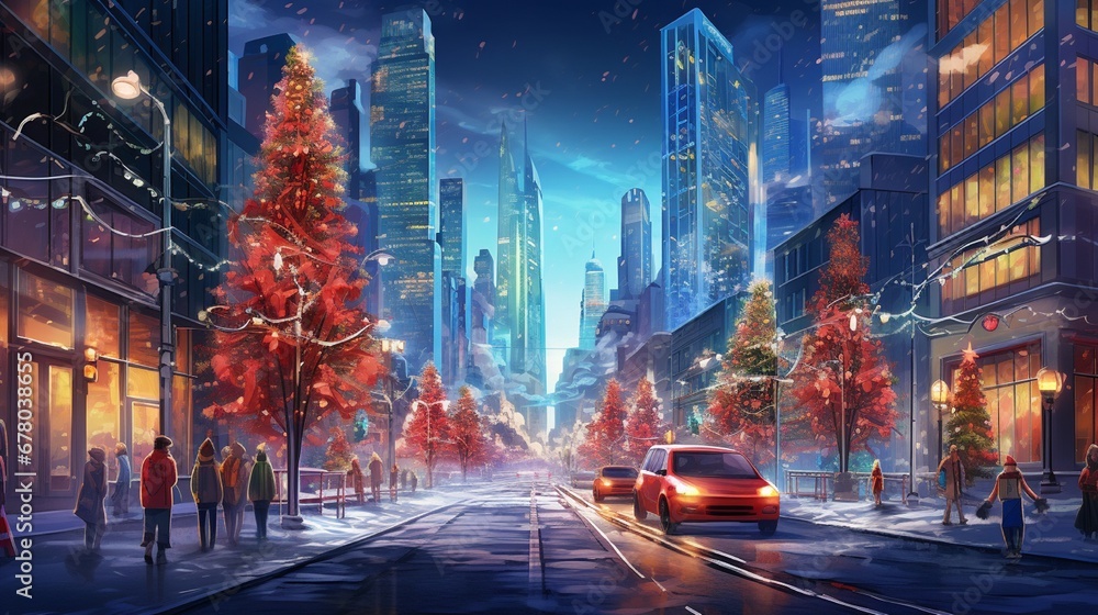 A bustling Christmas Eve in a big city, with streets illuminated by vibrant holiday lights and towering skyscrapers adorned with festive decorations