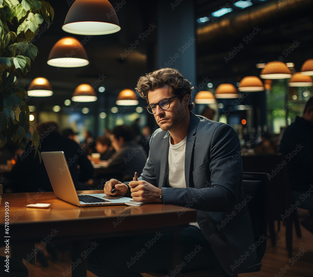 A dedicated busy man dressed in smart casual is sitting in working friendly cafe and taking notes with a pen. A focused businessman typing on a laptop in a cafe. A dedicated busy man dressed in smart casual is sitting in working friendly cafe and taking notes with a pen. A focused businessman typing on a laptop in a cafe.