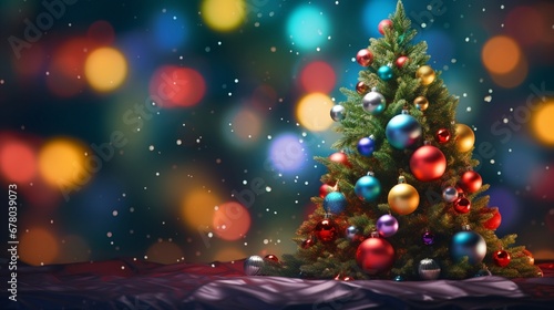 A close-up of a Christmas tree with colorful baubles, glittering ornaments, and a star topper, against a vibrant multicolor backdrop, adding a sense of joy and merriment to the holiday