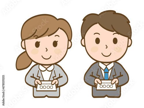 名刺交換をする女性会社員と男性会社員_スーツ姿のビジネスマン