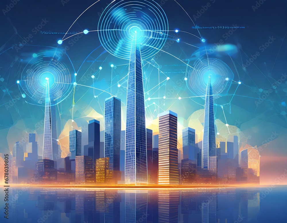 Smart city concept with wireless network connection and cityscape Smart city concept with wireless network connection and cityscape