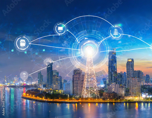 Smart city concept with wireless network connection and cityscape