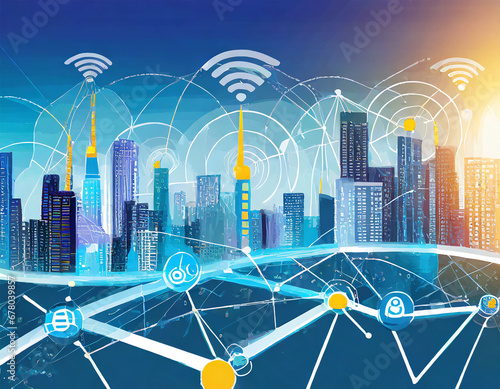 Smart city concept with wireless network connection and cityscape