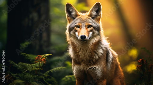 Portrait of a Coyote in the forest. Wildlife scene