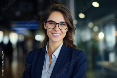 Young smart businesswoman wearing eyeglasses and business casual look loutside modern work office.