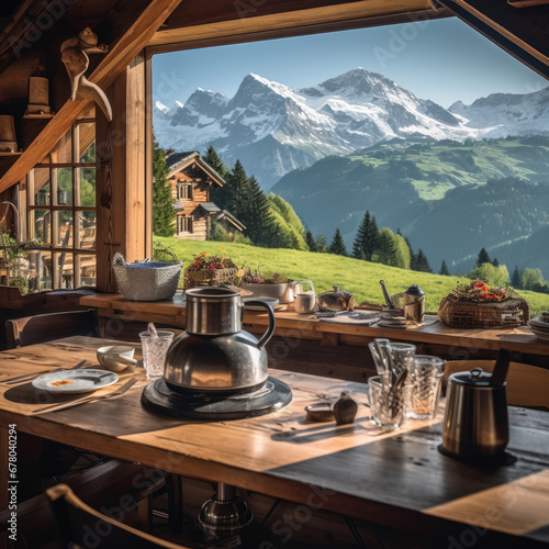 An alpine Swiss chalet snow-capped mountains 