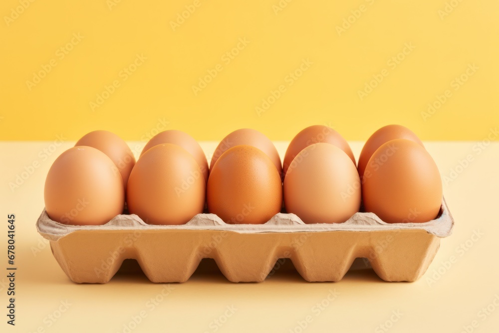 A tray of brown fresh hen's eggs on beige background. Eco-friendly egg production. Baking ingredients. Organic chicken eggs - fresh from producer. Top view. Free space for text. A tray of brown fresh hen's eggs on beige background. Eco-friendly egg production. Baking ingredients. Organic chicken eggs - fresh from producer. Top view. Free space for text.
