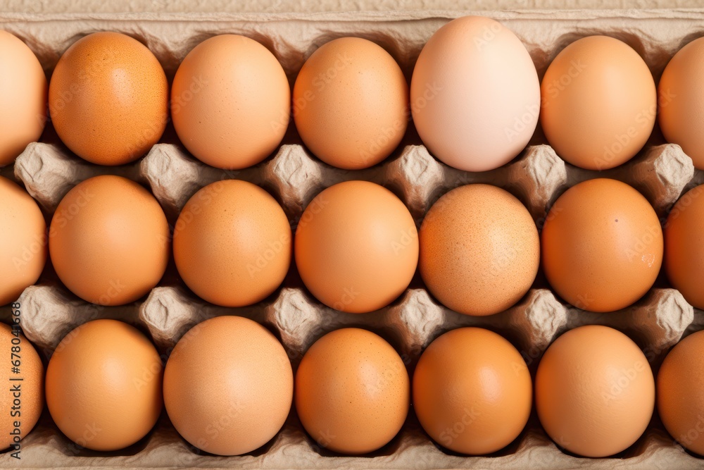 A tray of brown fresh hen's eggs on beige background. Eco-friendly egg production. Baking ingredients. Organic chicken eggs - fresh from producer. Top view. Free space for text. A tray of brown fresh hen's eggs on beige background. Eco-friendly egg production. Baking ingredients. Organic chicken eggs - fresh from producer. Top view. Free space for text.