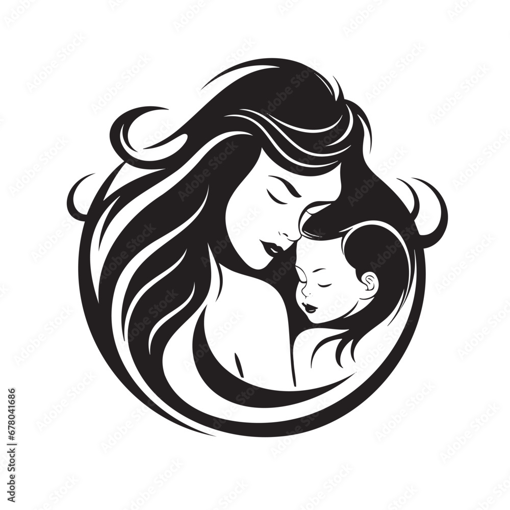 mother and baby stylized vector symbol, mom hugs her child logo template