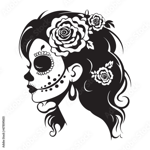 monochrome Sugar woman skull with flower