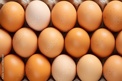 A tray of brown fresh hen's eggs on beige background. Eco-friendly egg production. Baking ingredients. Organic chicken eggs - fresh from producer. Top view. Free space for text.
