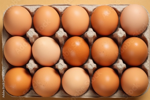 A tray of brown fresh hen's eggs on beige background. Eco-friendly egg production. Baking ingredients. Organic chicken eggs - fresh from producer. Top view. Free space for text.