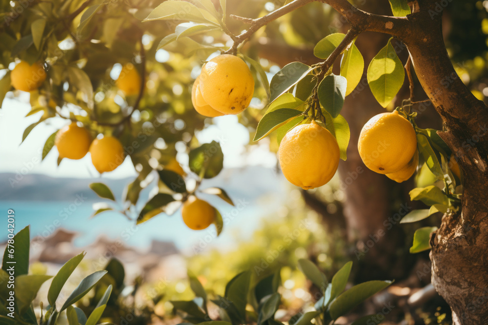 Lemons growing in a sunny garden on a coast, aesthetic look