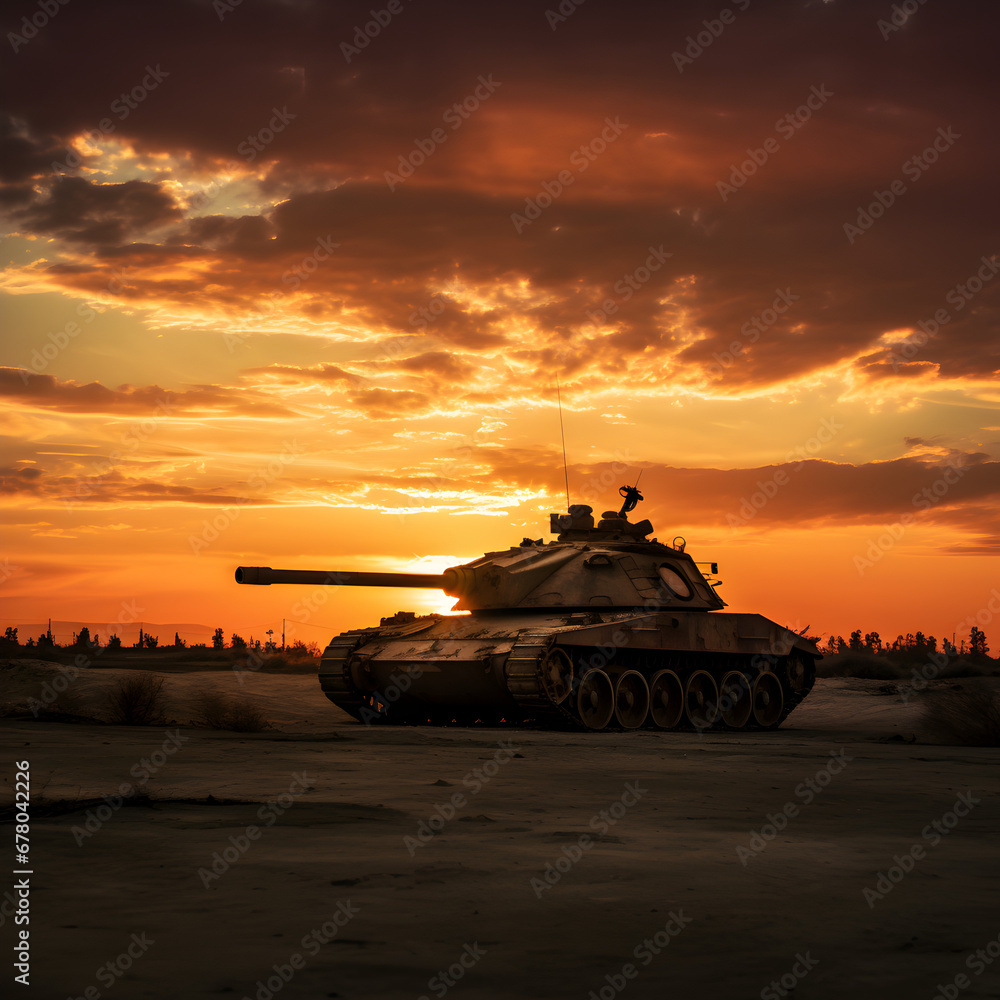 Tank at sunrise. Generative ai. 
