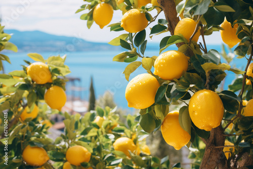 Lemons growing in a sunny garden on a coast, aesthetic look photo