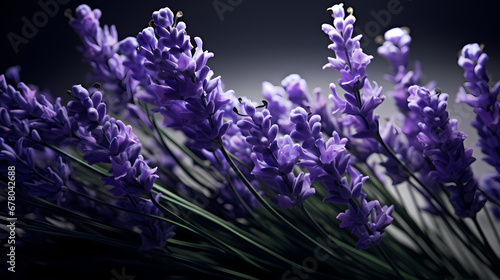 A photorealistic 3D render of purple lavender  with a focus on its soothing and calming effect  set against a matte black background  promoting a sense of tranquility and serene meditation