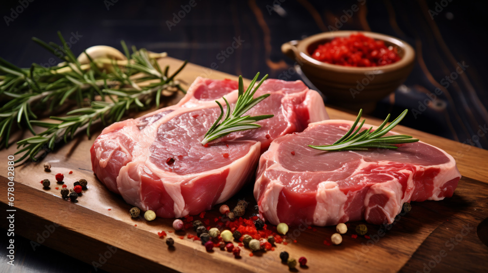 Raw pork steak with rosemary and peppercorns