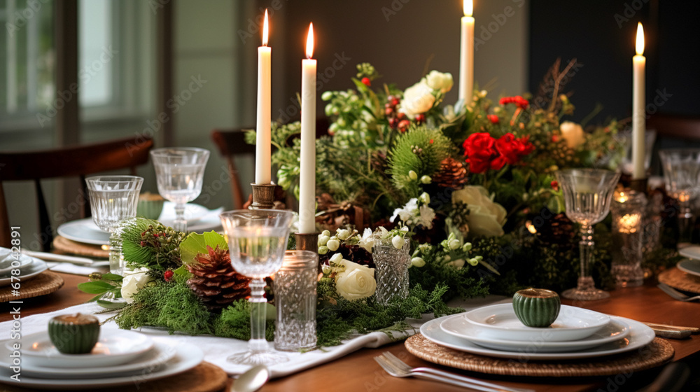 Christmas table decor, holiday tablescape and dinner table setting, formal event decoration for New Year, family celebration, English country and home styling Christmas table decor, holiday tablescape and dinner table setting, formal event decoration for New Year, family celebration, English country and home styling