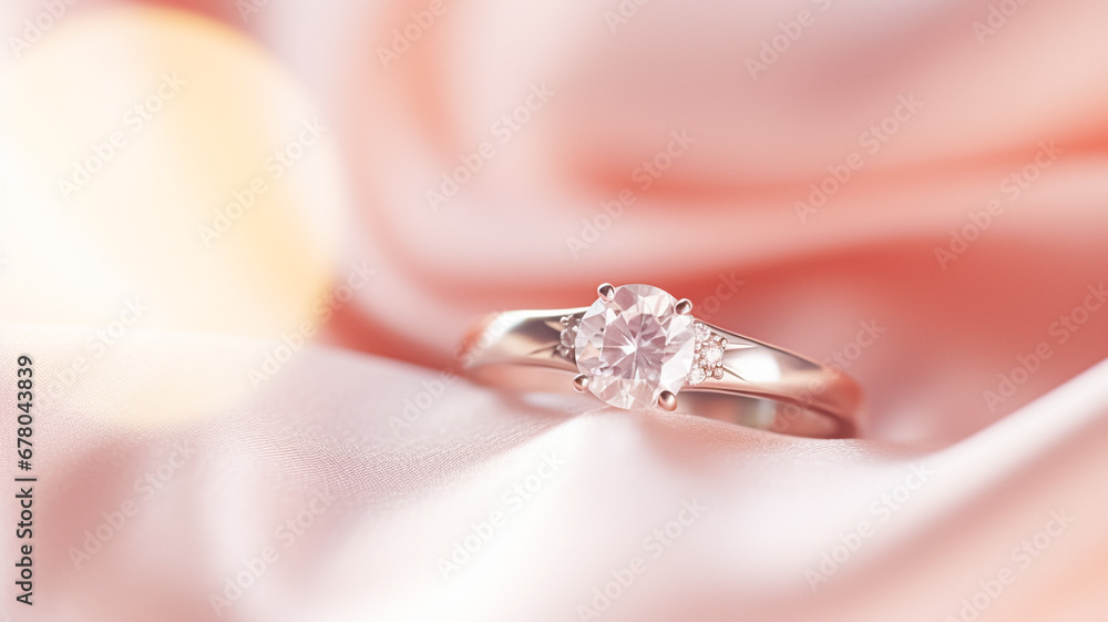 Jewellery, proposal and holiday gift, diamond engagement ring on pink silk fabric, symbol of love, romance and commitment Jewellery, proposal and holiday gift, diamond engagement ring on pink silk fabric, symbol of love, romance and commitment