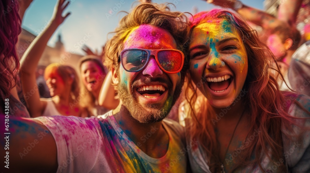 A close-up shot of friends and family celebrating Holi, their faces and clothes splattered with vibrant, multicolored powders, showcasing the essence of this colorful festival