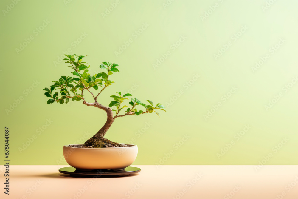 Miniature bonsai tree in a ceramic pot on a light background with a copy space Miniature bonsai tree in a ceramic pot on a light background with a copy space
