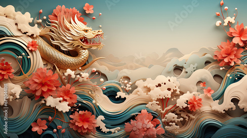 The 3D majestic Chinese dragon totem, swimming on the water, Chinese zodiac signs photo