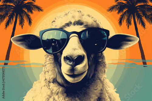 Cool cute sheep in sunglasses  on the beach  portrait