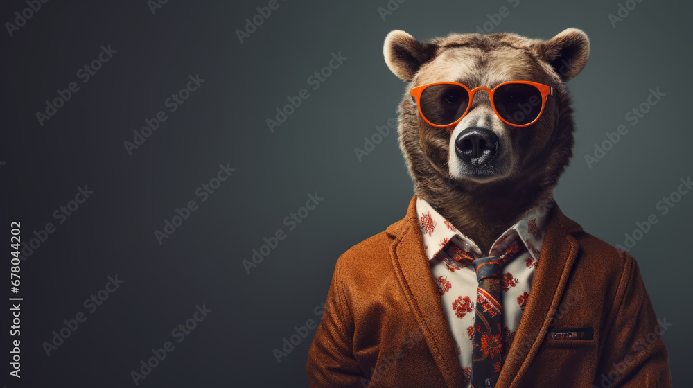 Cool looking bear wearing funky fashion clothes, standing in the studio Cool looking bear wearing funky fashion clothes, standing in the studio