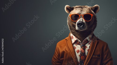 Cool looking bear wearing funky fashion clothes, standing in the studio © standret