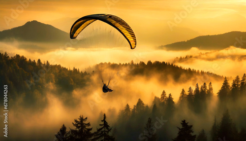 Orange and black paraglider flying in a beautiful mountain landscape at sunset or sunrise. Fantasy landscape, valley with fog and pine forest.