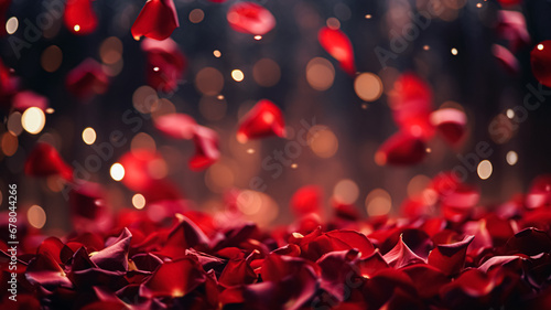 Valentines day background with red rose petals and bokeh lights, symbol of love, romance and commitment