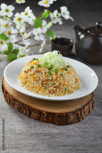 traditional chinese wok egg fried rice seafood chicken xo sauce vegetable in plate on grey vintage background cafe hotel luxury halal food restaurant banquet menu