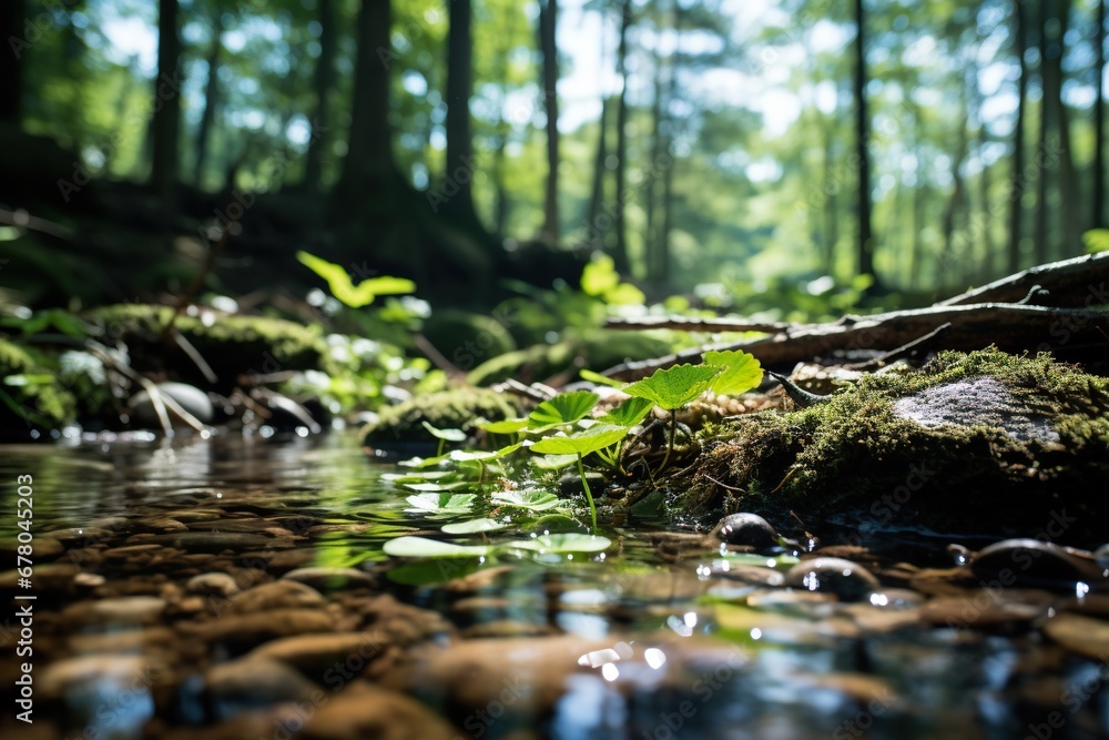 Calm forest river with large stones, tree leaves and moss. Blurred forest background. Generated by artificial intelligence Calm forest river with large stones, tree leaves and moss. Blurred forest background. Generated by artificial intelligence