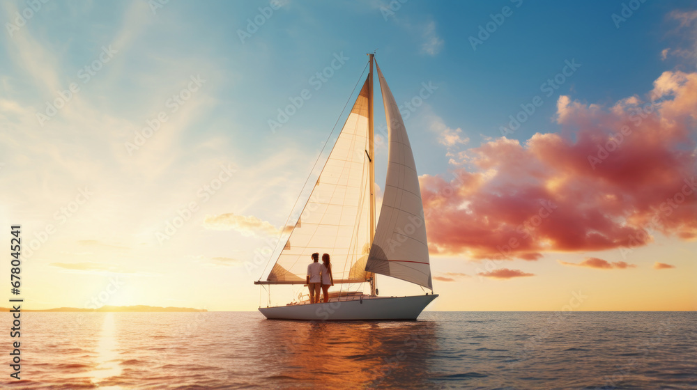 Couple on sailing boat, standing at sunny daytime