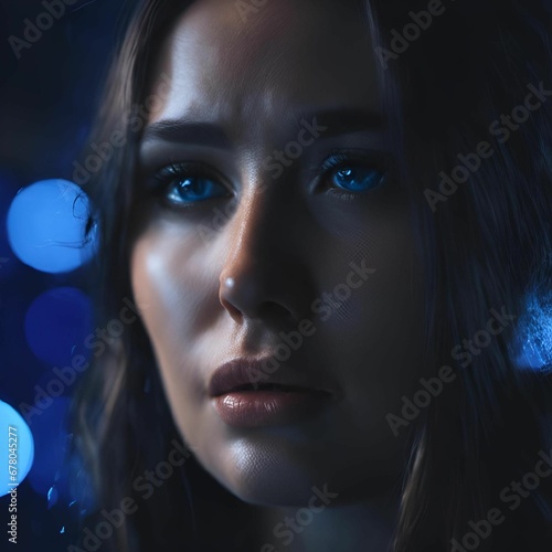 AI generated illustration of a gorgeous female with bright blue eyes standing confidently photo