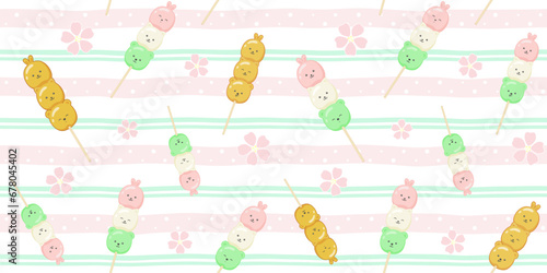 Three color Dango and Mitarashi Dango in the form of cute animals on a soft striped background with sakura flowers. Endless texture with Japanese dessert characters on a stick. Vector seamless pattern