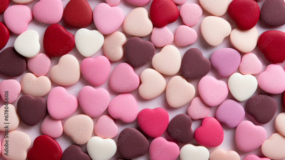 Valentine's Day background featuring an assortment of heart-shaped candies elegantly arranged on a pristine white backdrop Valentine's Day background featuring an assortment of heart-shaped candies elegantly arranged on a pristine white backdrop