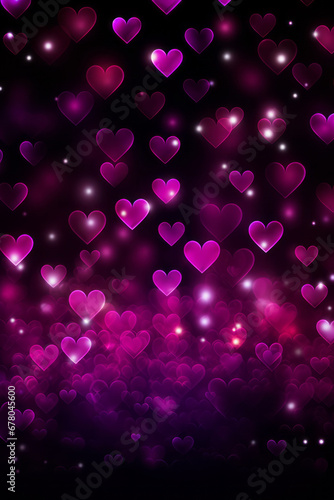 Valentine's Day background featuring glowing purple neon hearts set against a chic black backdrop