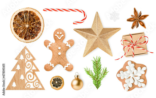 collection of Christmas decorations, cookies and spices on a white isolated background photo