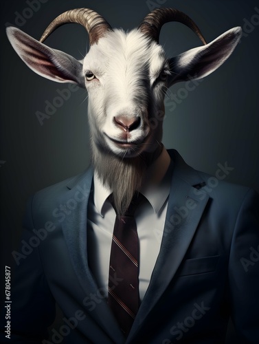 goat dressed in a casual suit with nice tie. Fashion portrait of an anthropomorphic animal posing with a charismatic human attitude. Generative AI © PSCL RDL