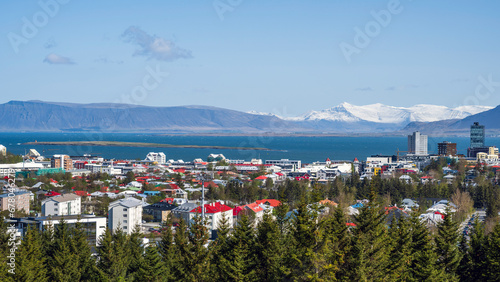 View over colorful houses, roofs and skyscrapers in reykjavik in iceland in summer - icelandic cityscape