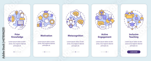 2D icons representing learning theories mobile app screen set. Walkthrough 5 steps multicolor graphic instructions with linear icons concept, UI, UX, GUI template.