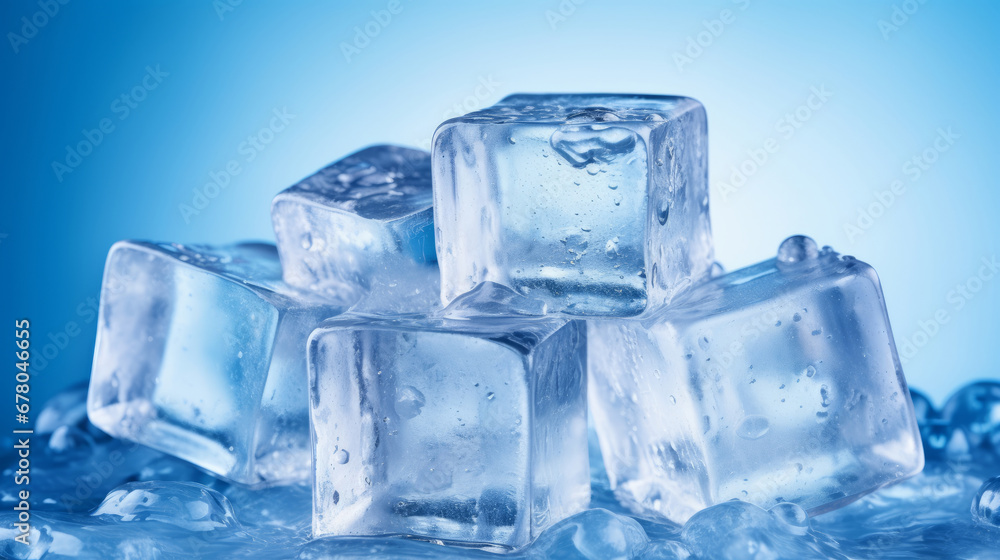 Crystal ice cube, close up view, white and blue colored Crystal ice cube, close up view, white and blue colored