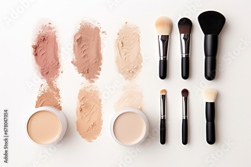 Obraz Liquid foundations, makeup brush, swatches and face powder on white background, flat lay, aesthetic look
