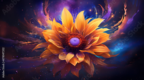 A vibrant  digital art rendering of a sunflower in yellow and orange hues  set against a deep purple  almost celestial background  symbolizing endless energy and the spirit of life