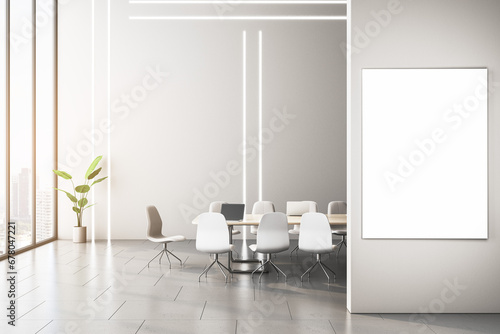 Modern meeting room interior with empty white mock up poster on wall  table and chairs  wooden flooring and panoramic window with city view. 3D Rendering.