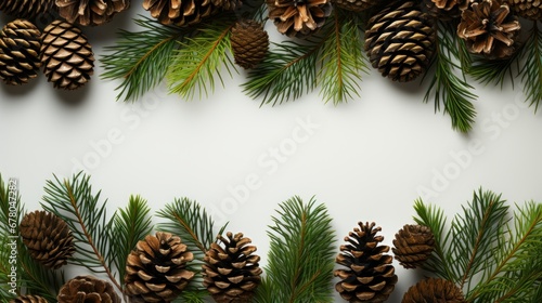 Green fir branches and brown pine cones on white, top view, copy space. AI generate