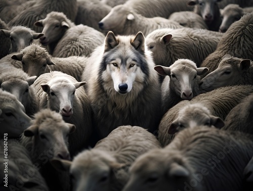 wolf hiding among a flock of sheep, leading the way or waiting for the right moment to act. Generative AI