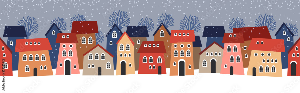 Cute Christmas and winter houses. Snowy night in cozy Christmas town city panorama. Winter village night landscape Christmas outdoor decorations. Cute Christmas and winter houses. Snowy night in cozy Christmas town city panorama. Winter village night landscape Christmas outdoor decorations.