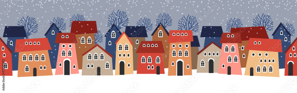 Cute Christmas and winter houses. Snowy night in cozy Christmas town city panorama. Winter village night landscape Christmas outdoor decorations.